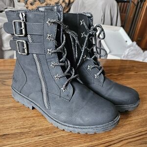 Kids Black Lace-Up Ankle Boots with Side Zipper